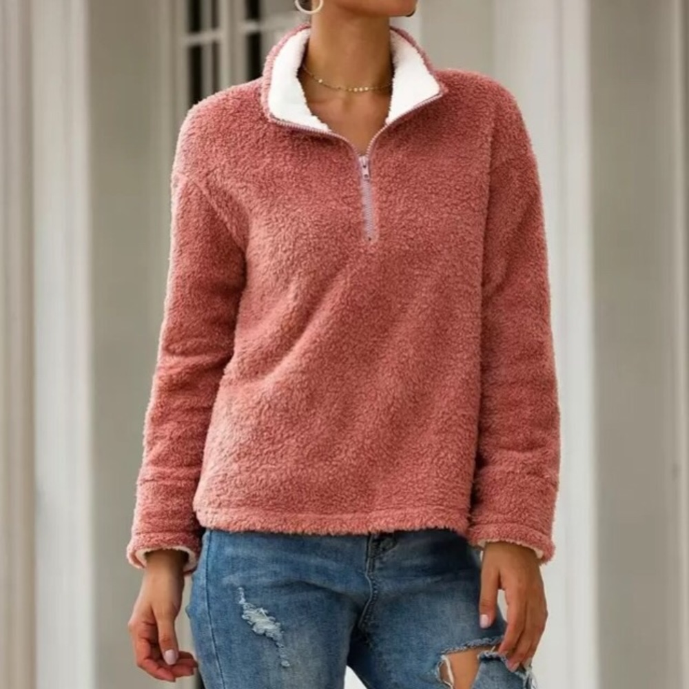 Plush Teddy Sweatshirt Pink White Zip with Collar
